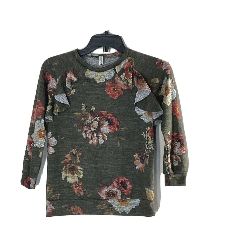 Pomelo Top Boutique Ruffle SMALL Floral Sweater 3/4 Sl Stretch JUNIOR Cute
